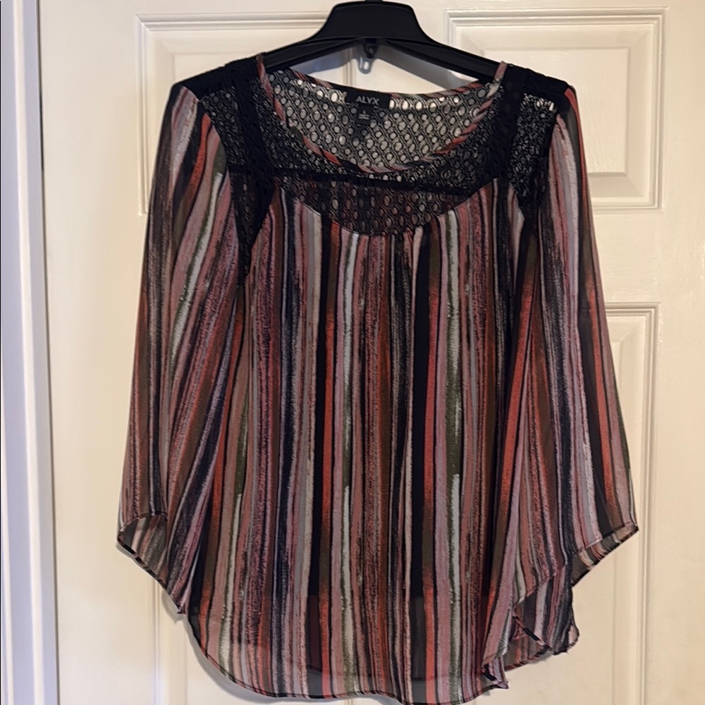 Alyx Women's Blouse with Black, Pink, and Cream Stripes